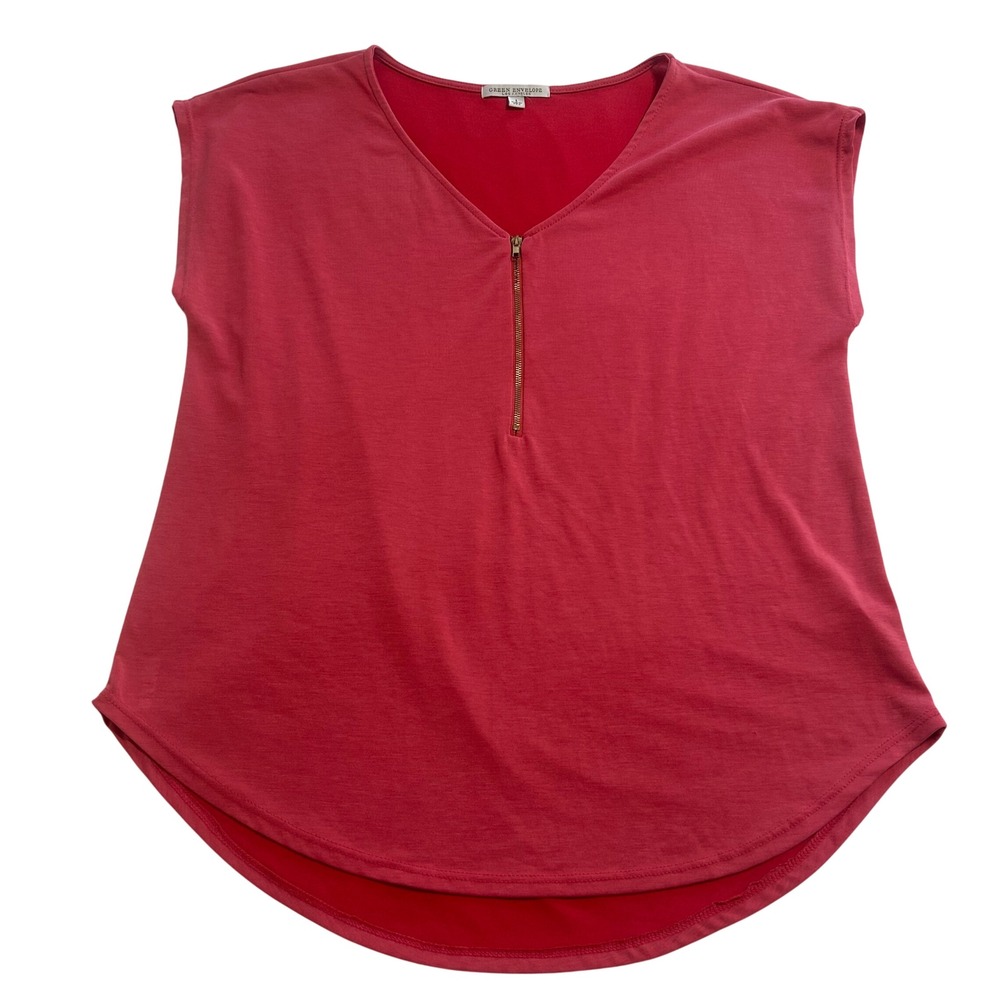 Green Envelope Red V-Neck Zip Front Sleeveless Top Blouse Large GTB609-BCM
